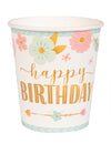 Gobelets en carton boho happy birthday pour anniversaire blancs aux motifs fleurs et flèches pastels