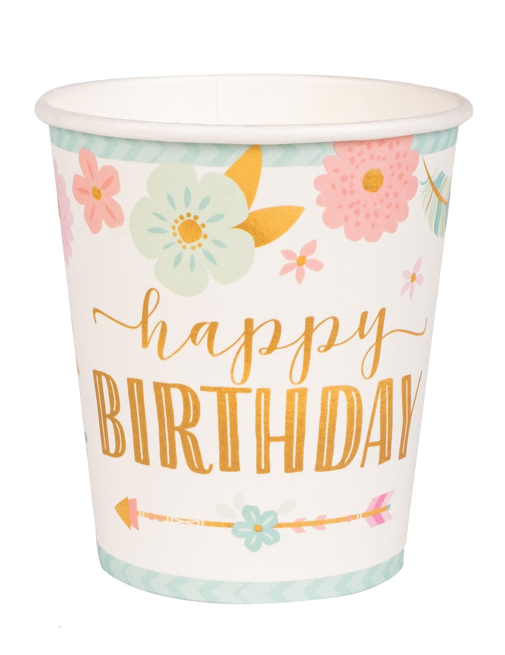 Gobelets en carton boho happy birthday pour anniversaire blancs aux motifs fleurs et flèches pastels