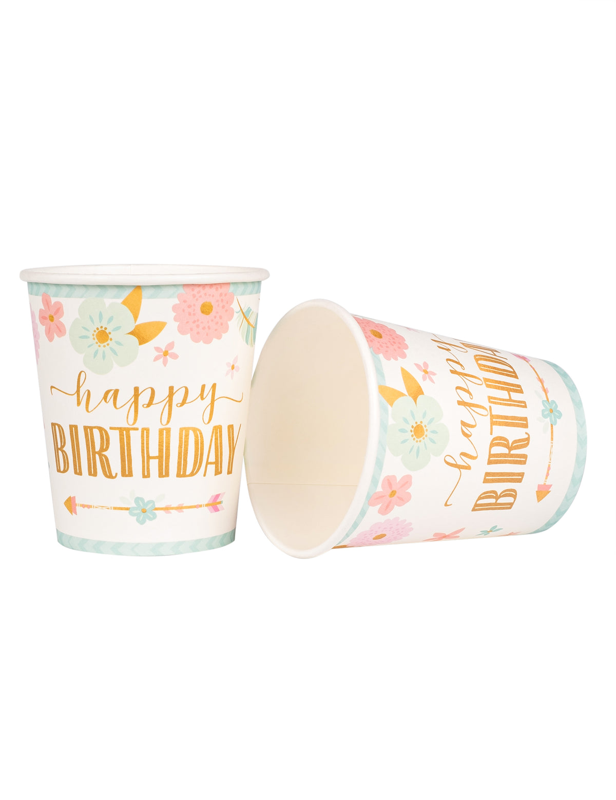 Vue de face et de côté des gobelets en carton boho happy birthday