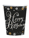 Gobelets en carton célébration étincelante happy birthday noir argent et or
