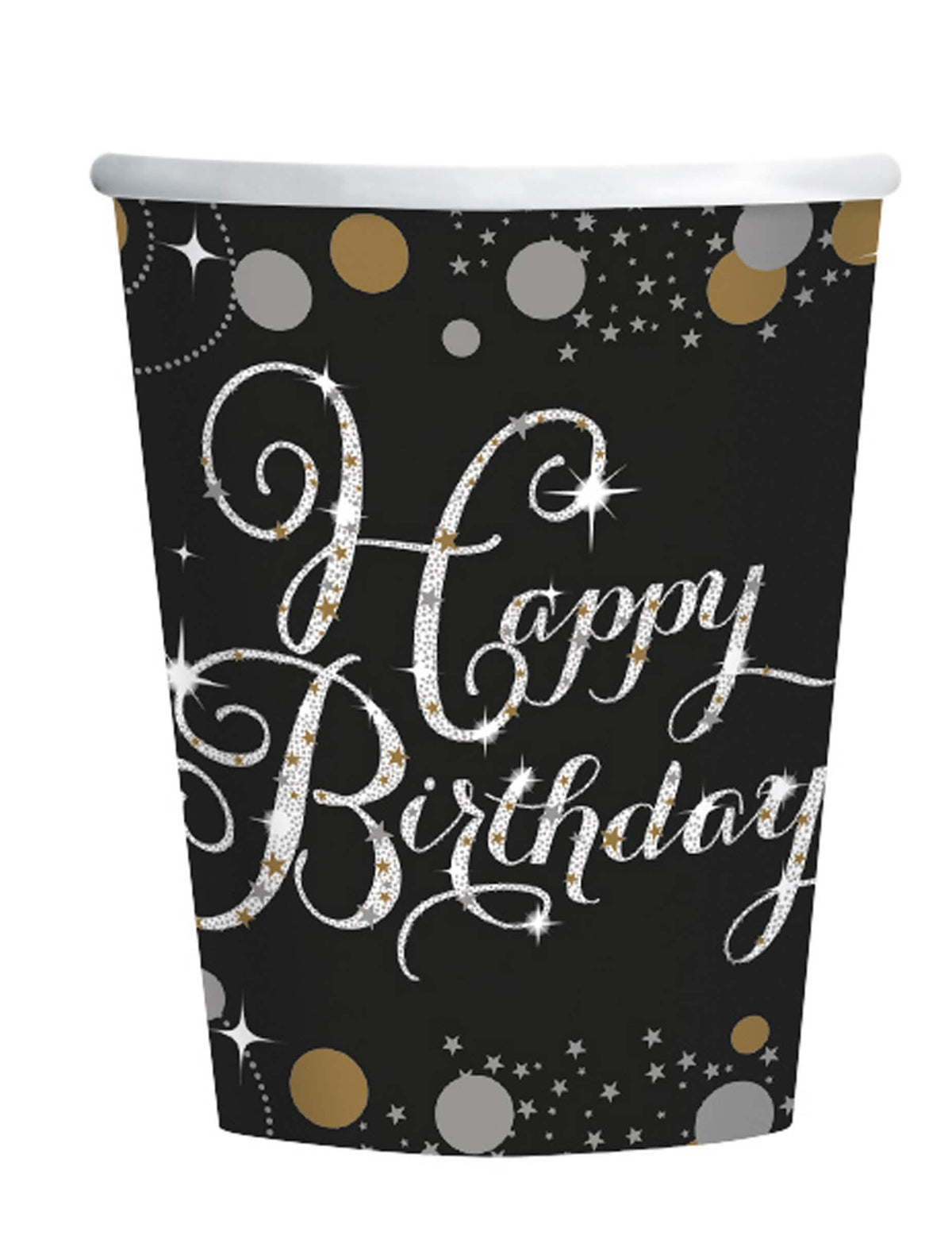 Copos de cartão celebração cintilante happy birthday preto prateado e dourado