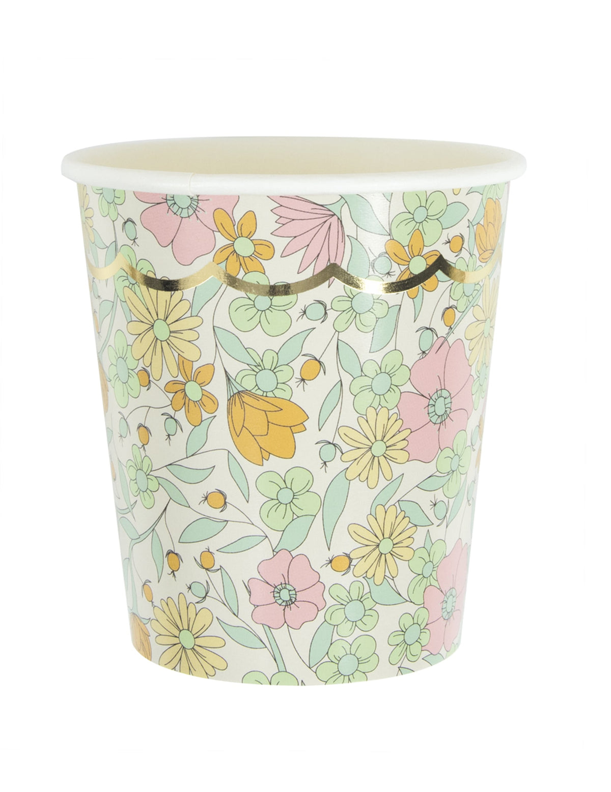 Gobelets en carton fleurs liberty pour fête festonnés shabby or