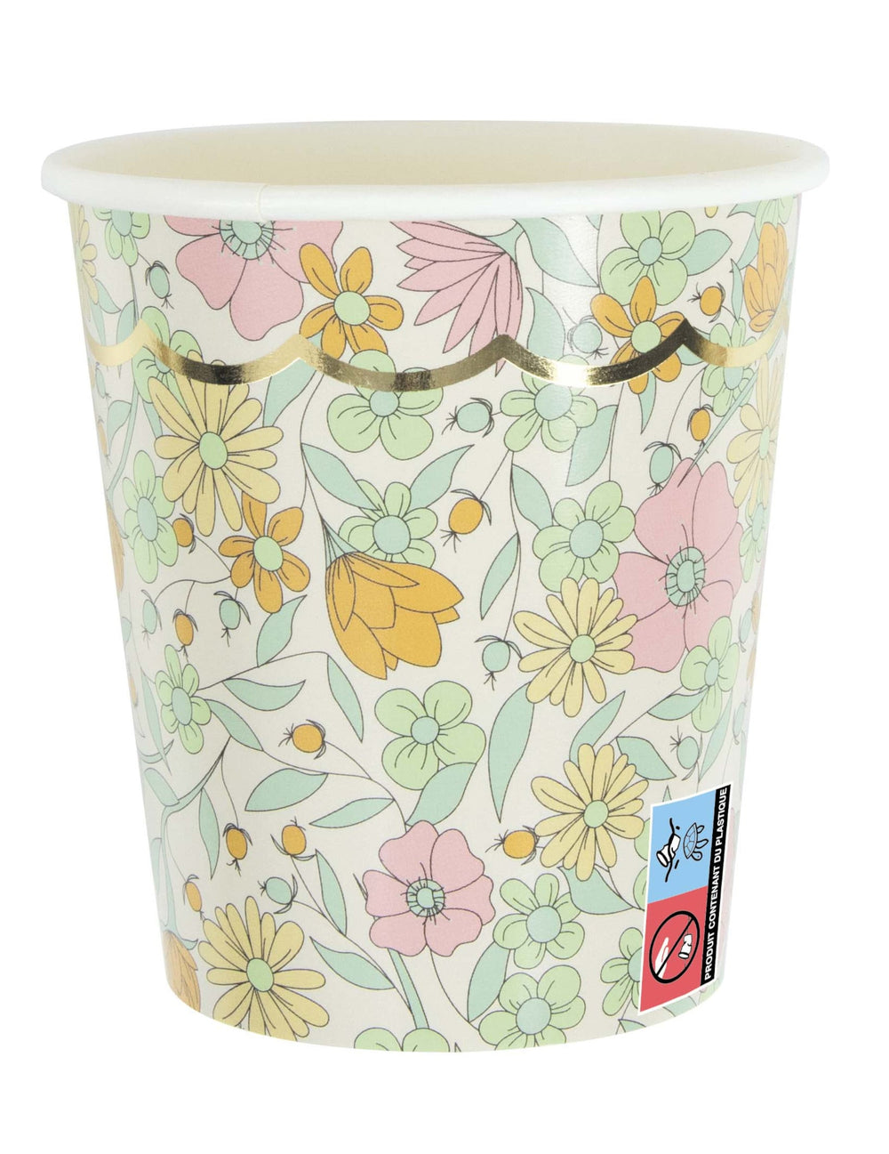 Vue de face du gobelet en carton fleurs liberty pour fête festonnés shabby or