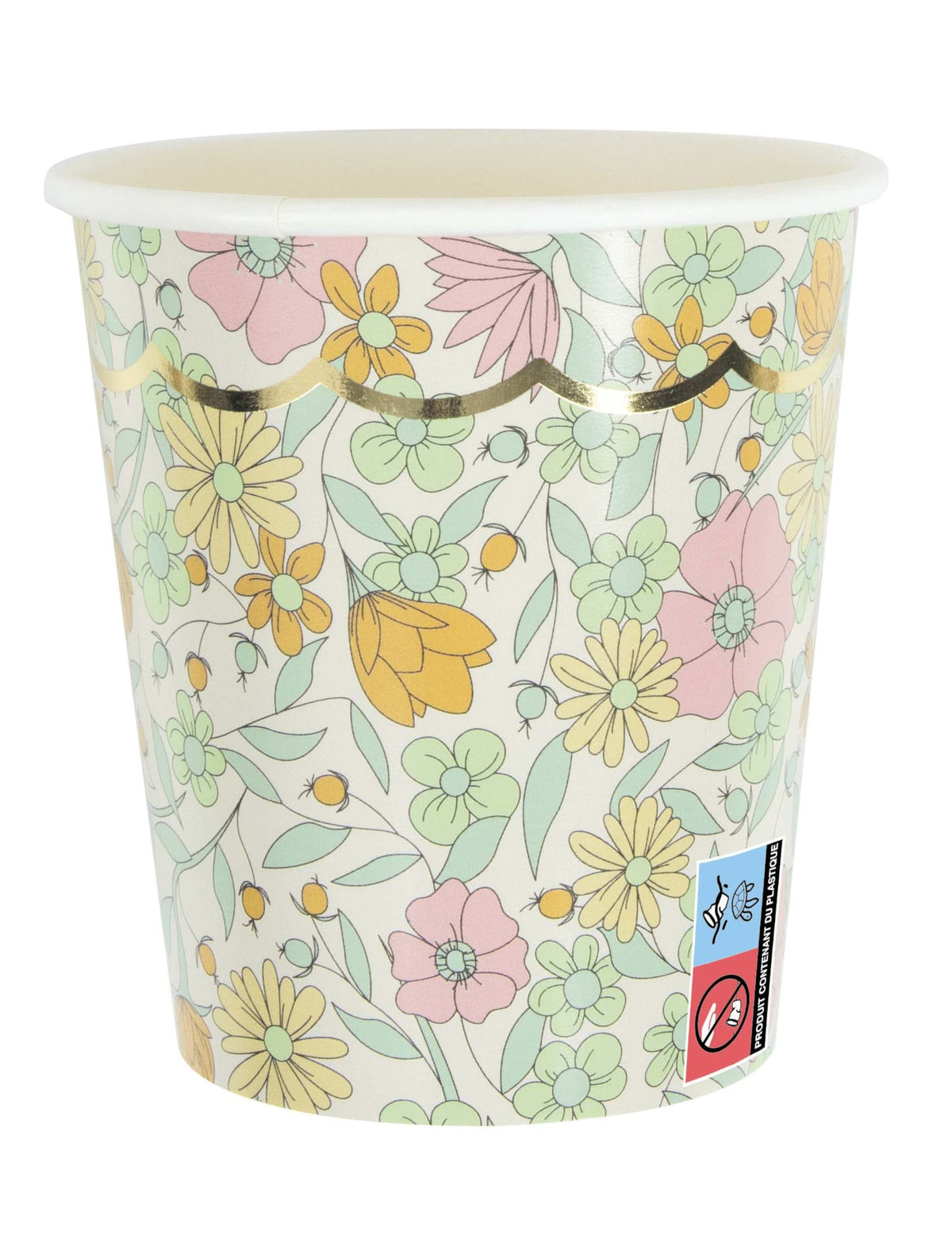 Vue de face du gobelet en carton fleurs liberty pour fête festonnés shabby or