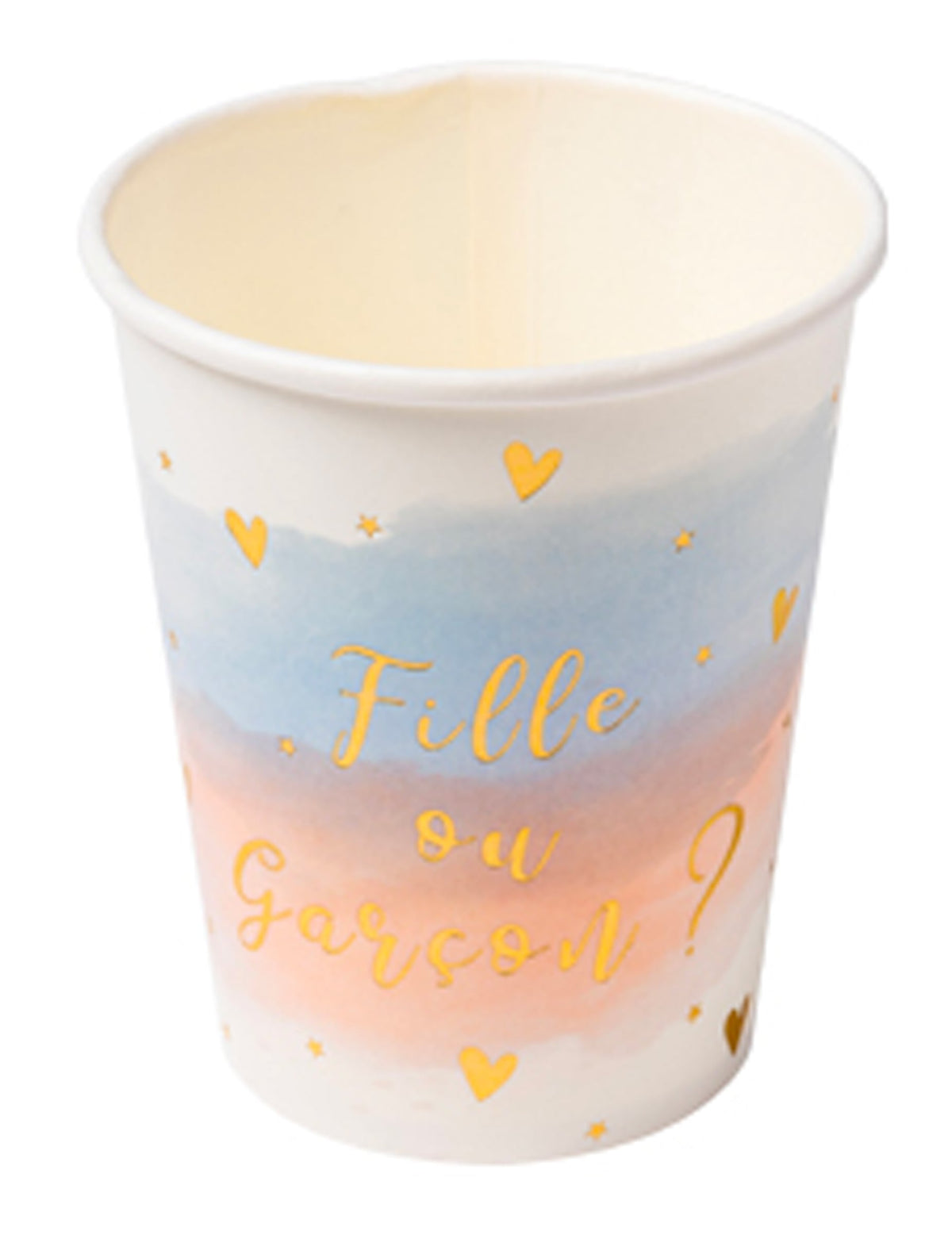 Gobelets en carton fille ou garçon pour baby shower rose bleu et or