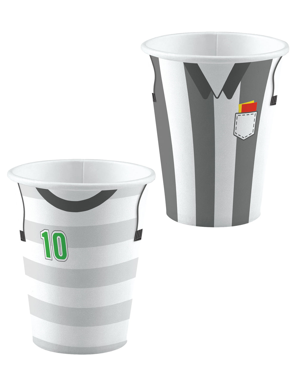 Gobelets en carton Football pour fête gris et blanc avec motifs maillots de joueur et d'arbitre
