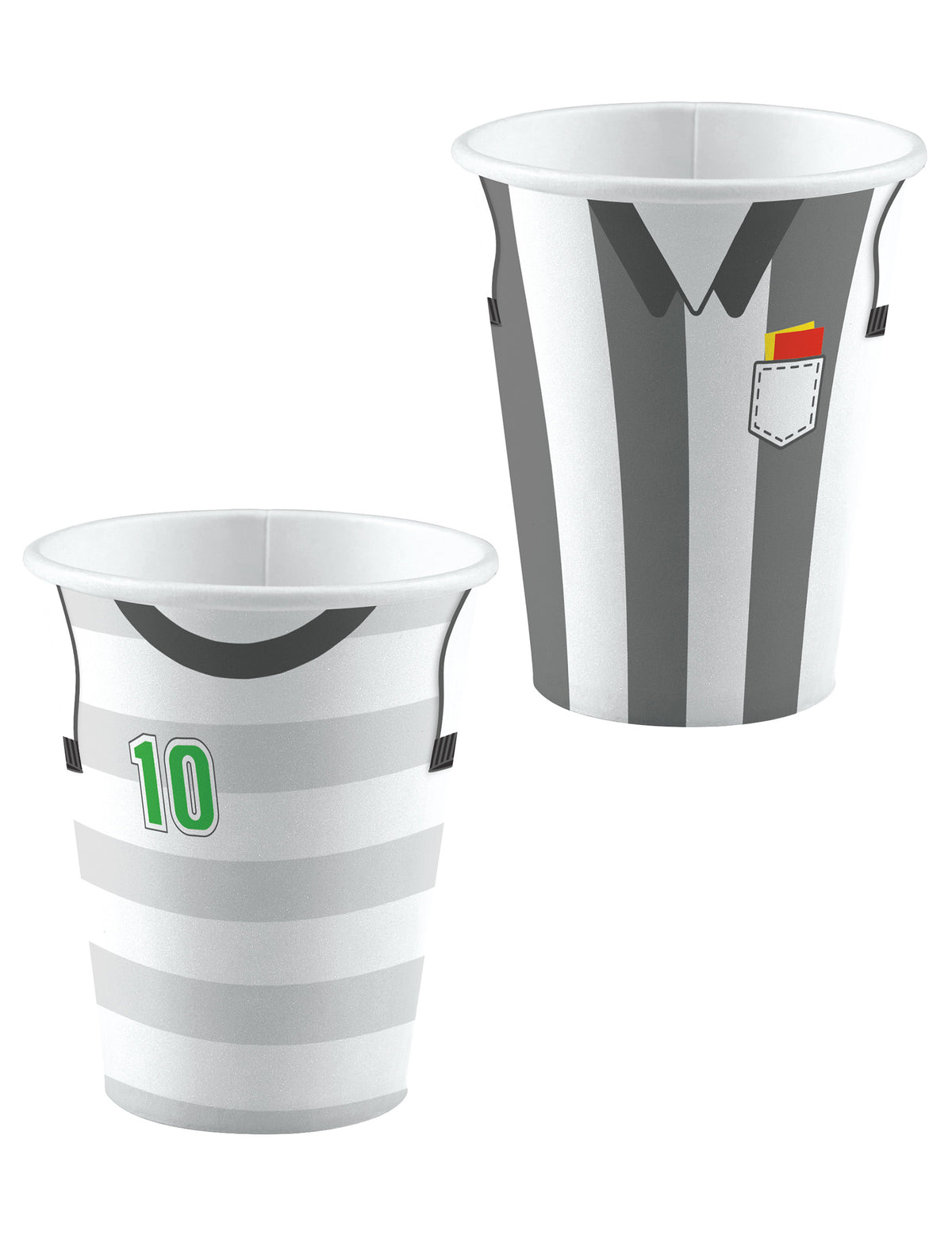 Gobelets en carton Football pour fête gris et blanc avec motifs maillots de joueur et d'arbitre