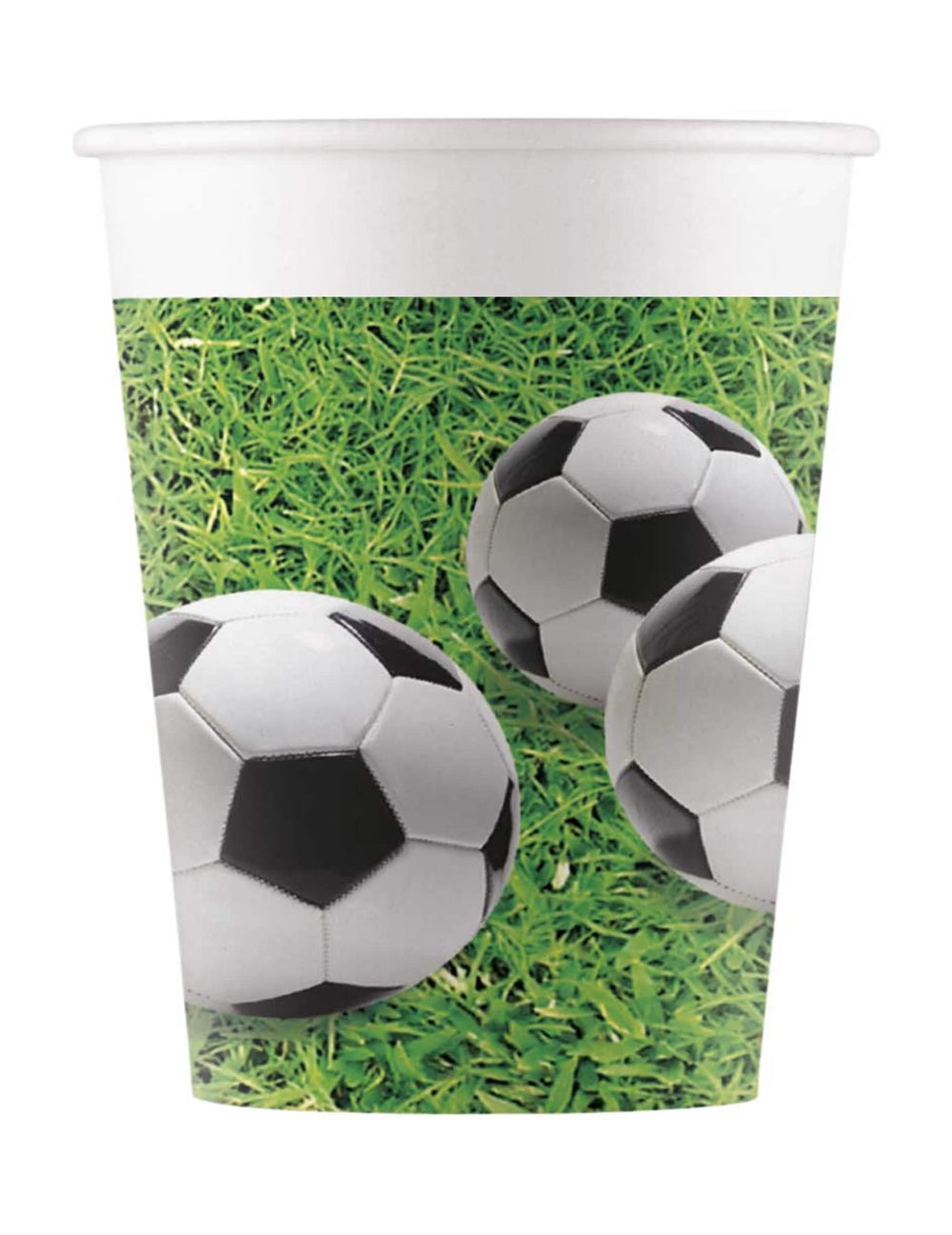 Copos de cartão football party para criança branco e verde com balões