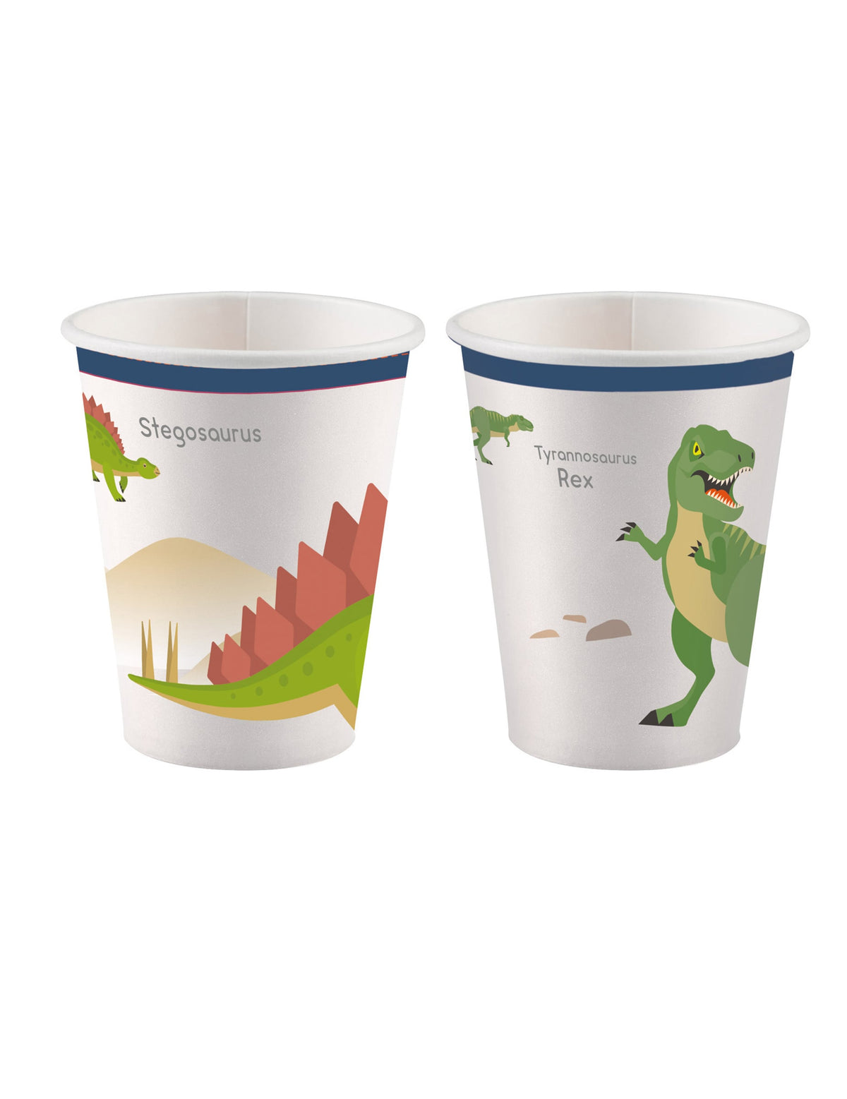 Gobelets en carton grands dinosaures pour anniversaire enfant blancs avec T-Rex et stégosaure