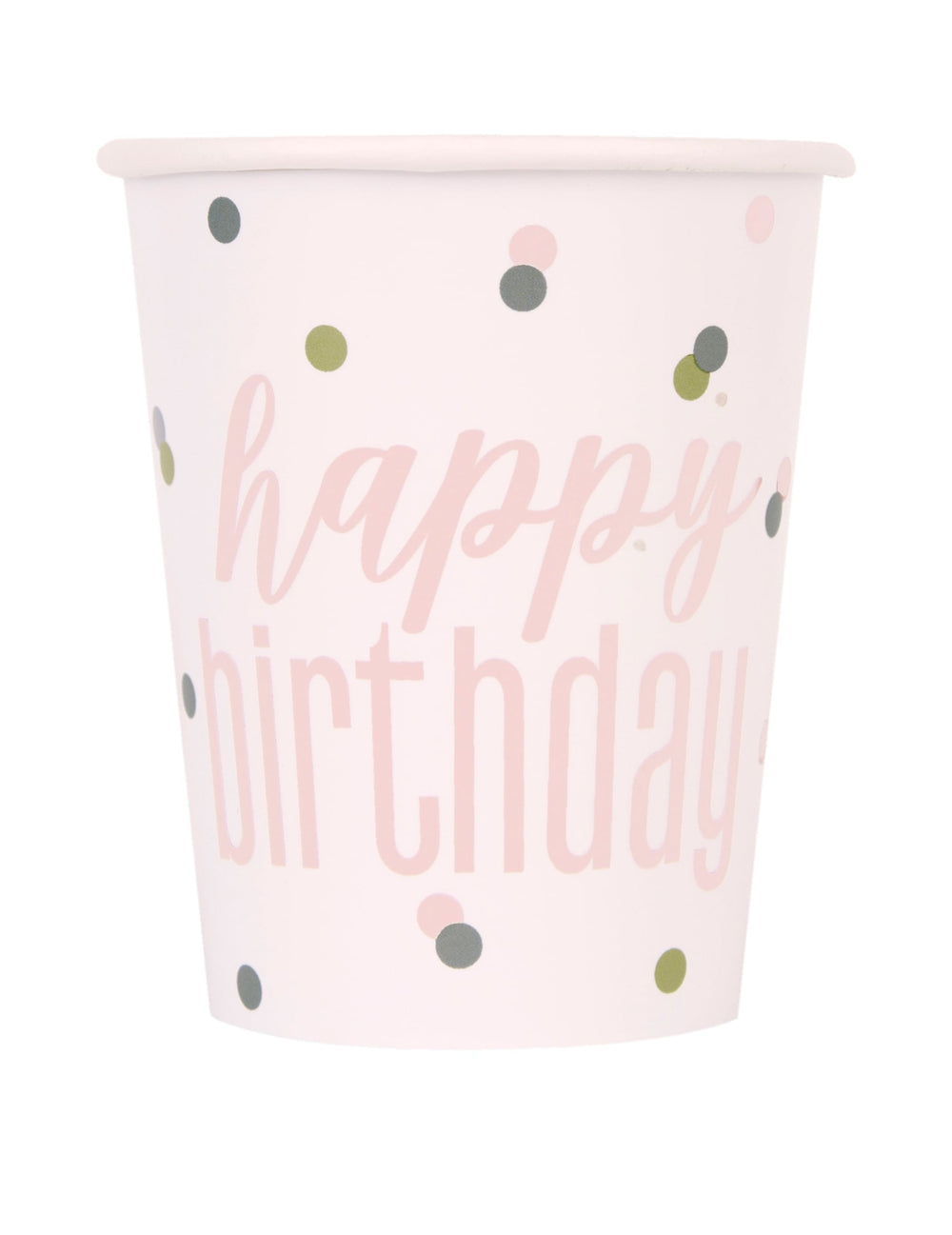 Gobelets en carton Happy Birthday pour anniversaire blancs et roses à pois