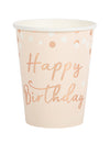 Gobelets en carton Happy Birthday pour anniversaire rose gold et confettis