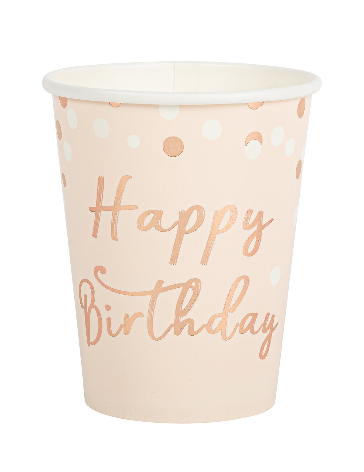 Gobelets en carton Happy Birthday pour anniversaire rose gold et confettis