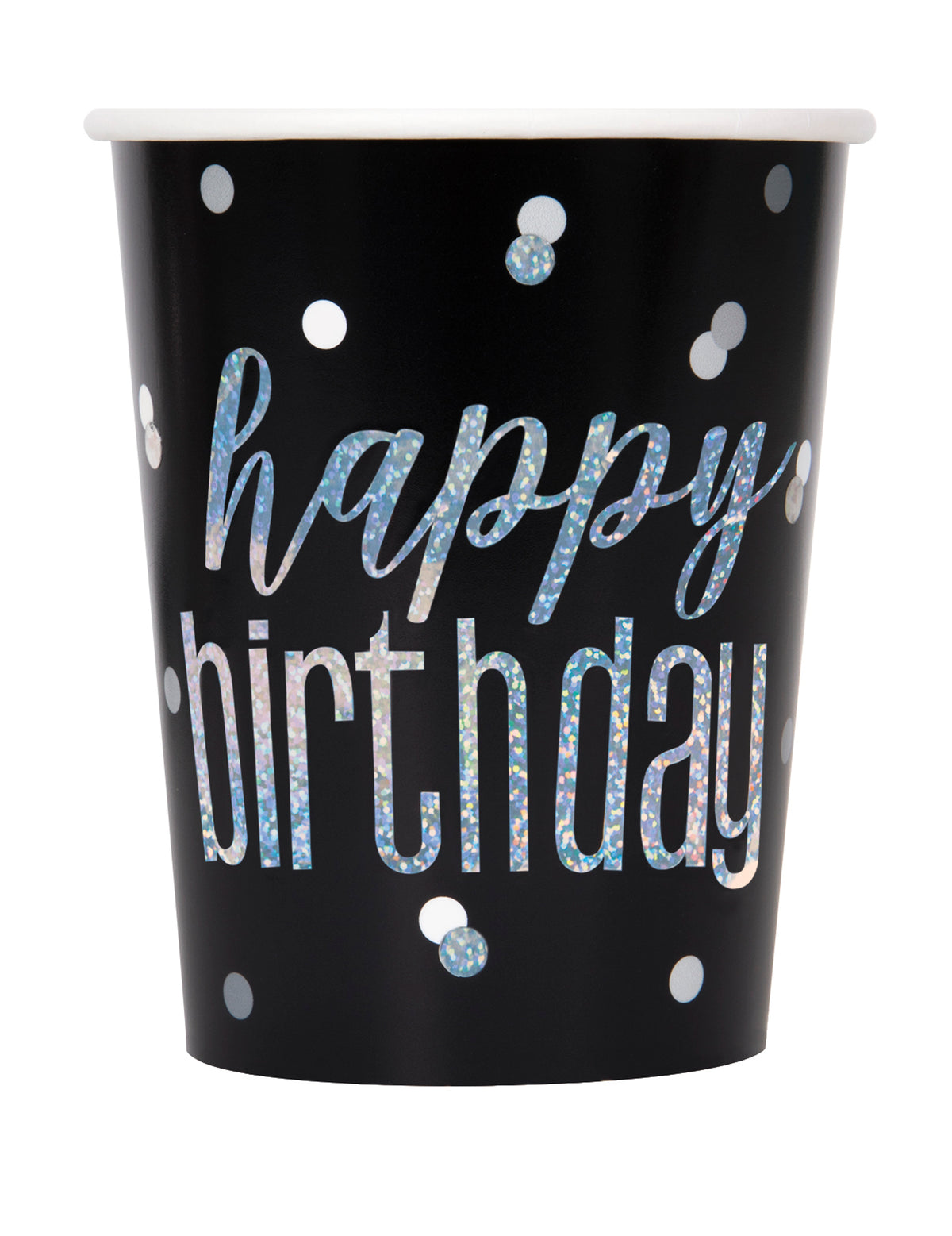 Gobelets en carton Happy Birthday pour fête noirs et gris avec confettis brillants