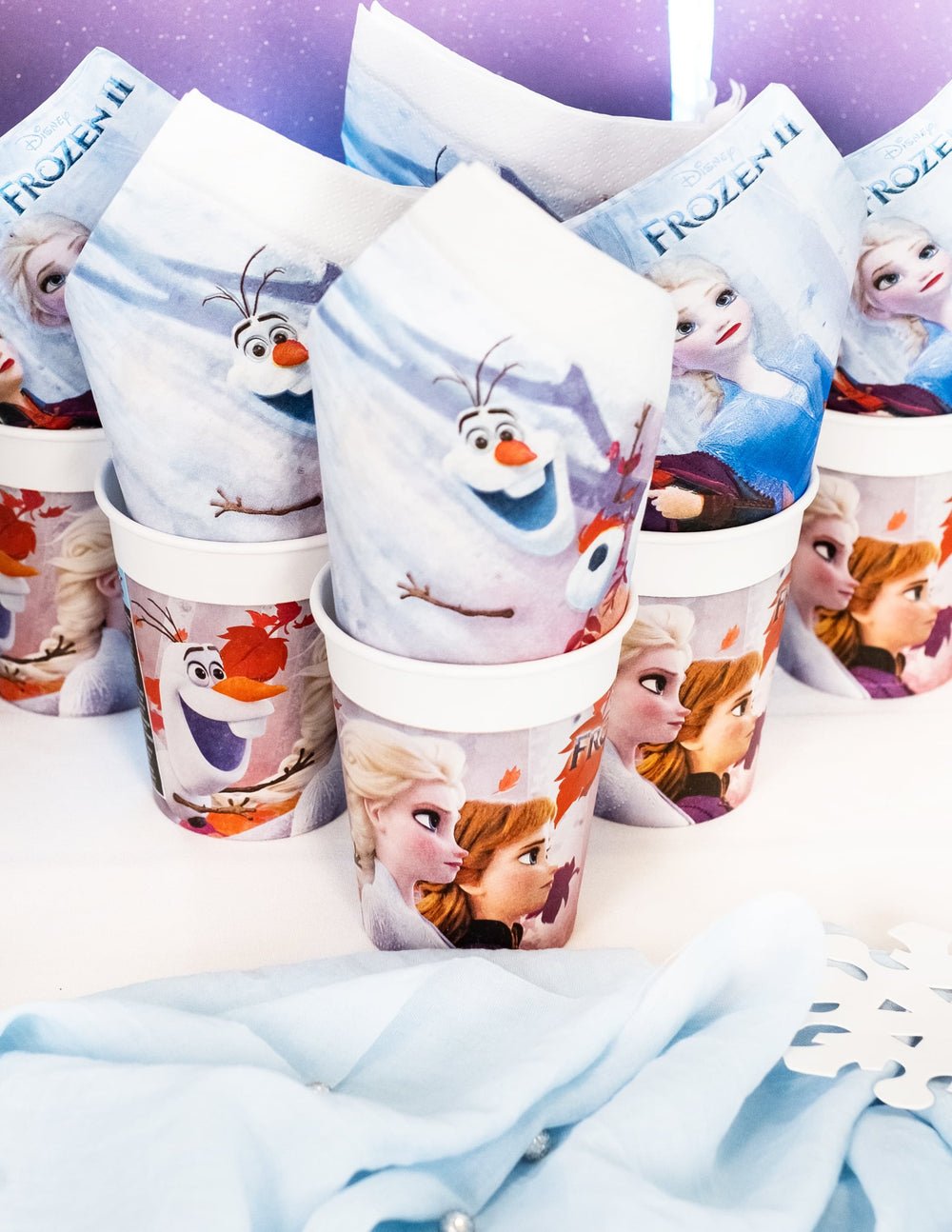 Vue d'ensemble avec serviettes des gobelets en carton La Reine des Neiges 2