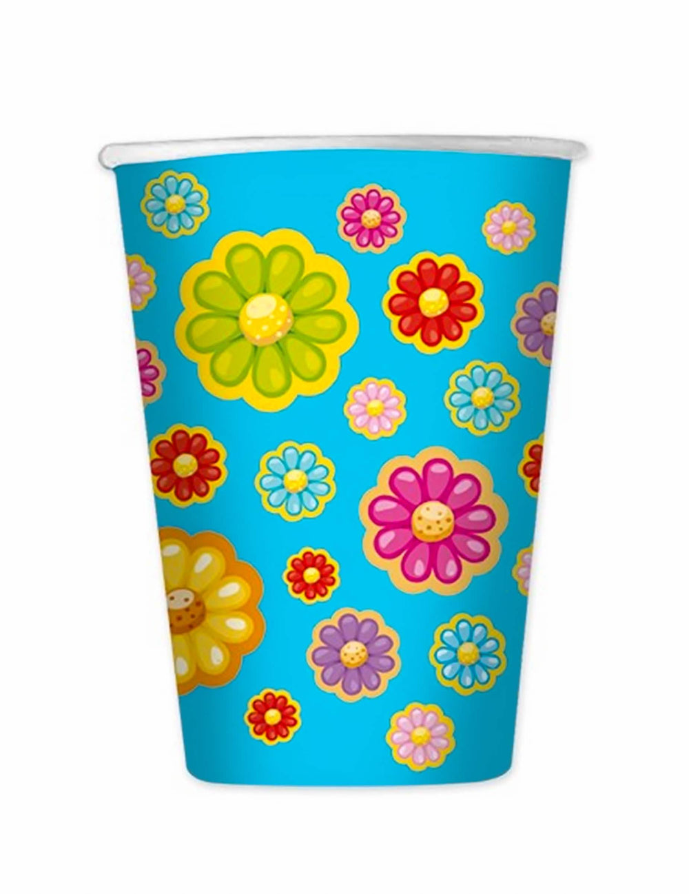 Copos de cartão margarida azuis com flores coloridas