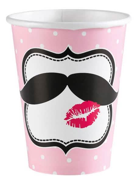Copos de cartão com bigode para festa cor de rosa com bolinhas com motivo de lábios vermelhos
