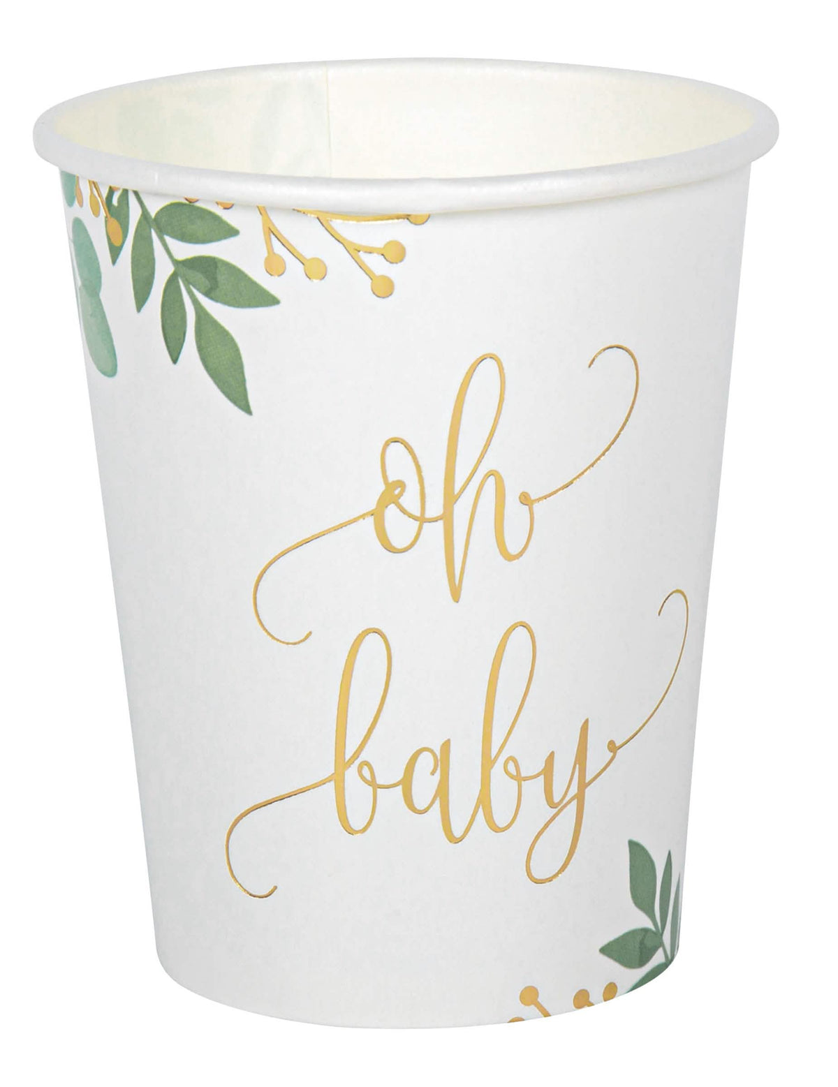 Copos de cartão Oh Baby Eucalyptus para baby shower branco com dourado
