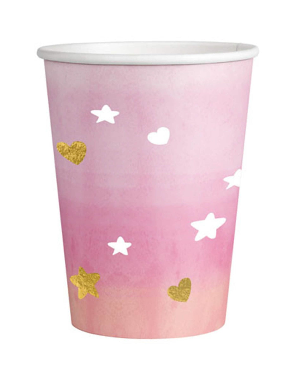 Copos de cartão oh baby para baby shower cor de rosa e dourado com motivos de estrelas e corações