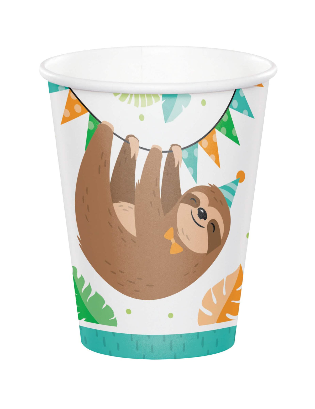Copos de cartão com preguiçoso fofo para aniversário branco com ilustração de preguiçoso pendurado