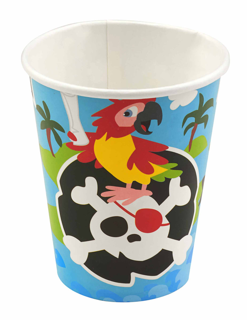 Gobelets en carton pirate pour enfant bleus avec motif perroquet et tête de mort