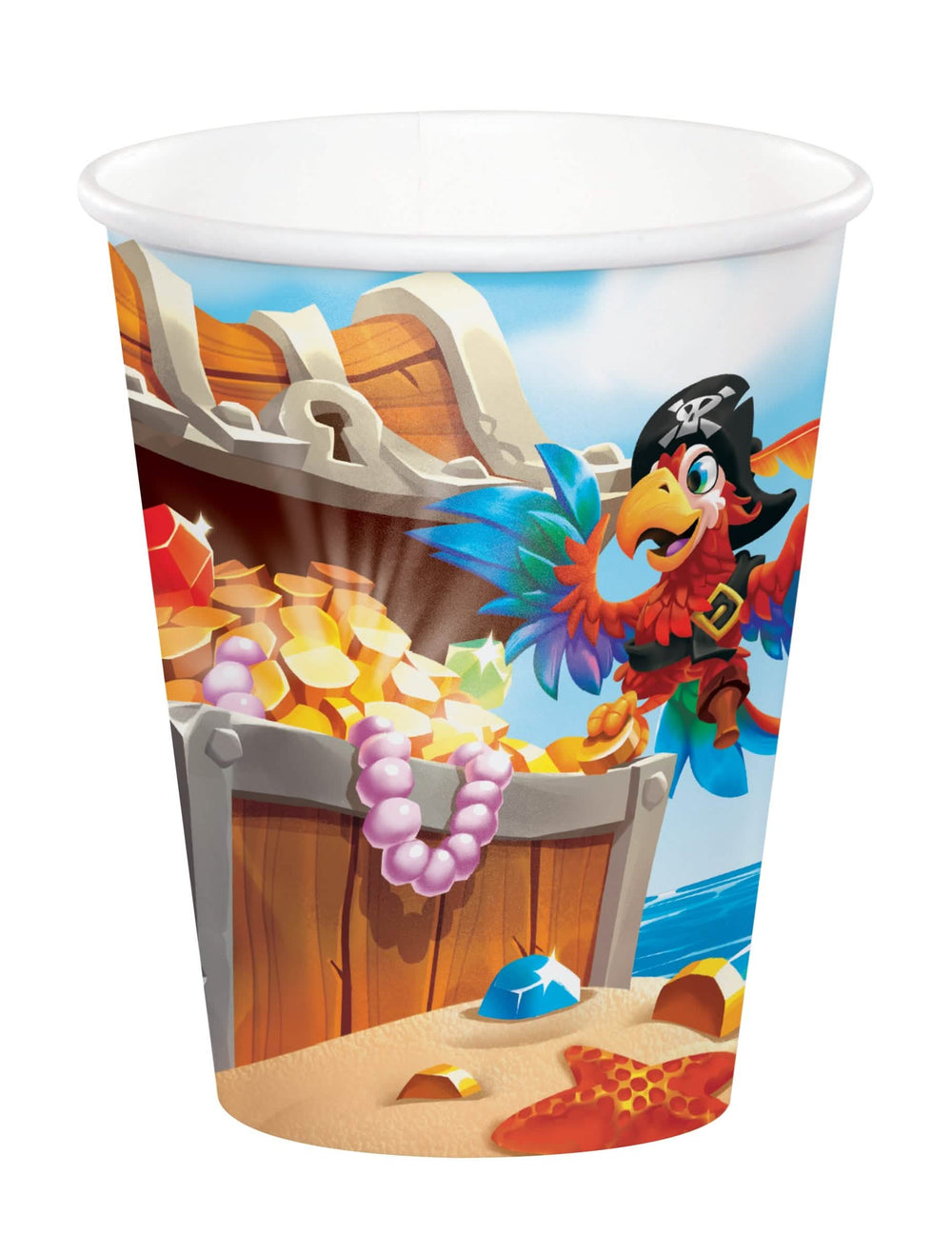 Copos de cartão tesouro de pirata para aniversário ilustrados com papagaio e cofre do tesouro