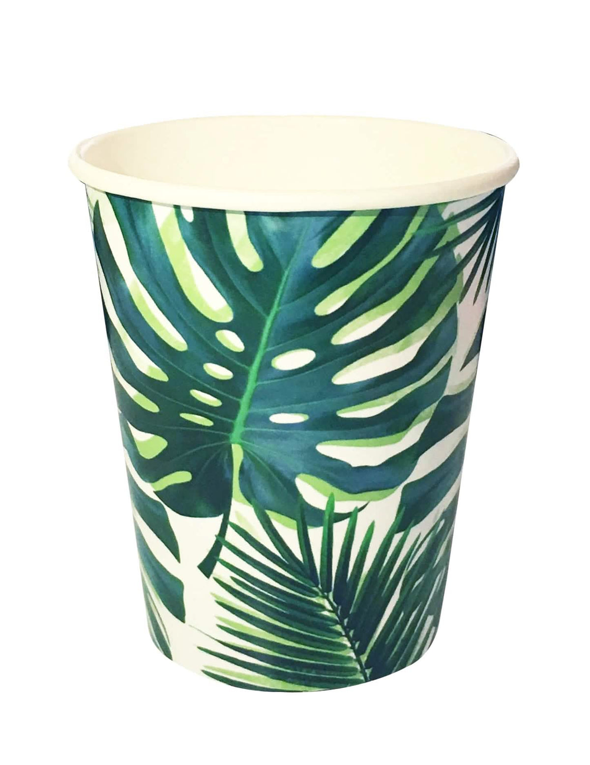 Copos de cartão tropicais verdes com motivos de folhas de palmeira