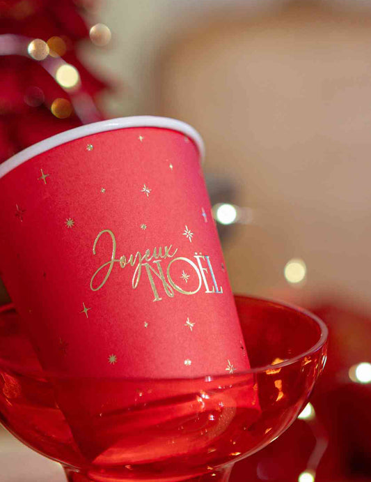 8 copos Feliz Natal intemporal vermelho e dourado 25,5 cl