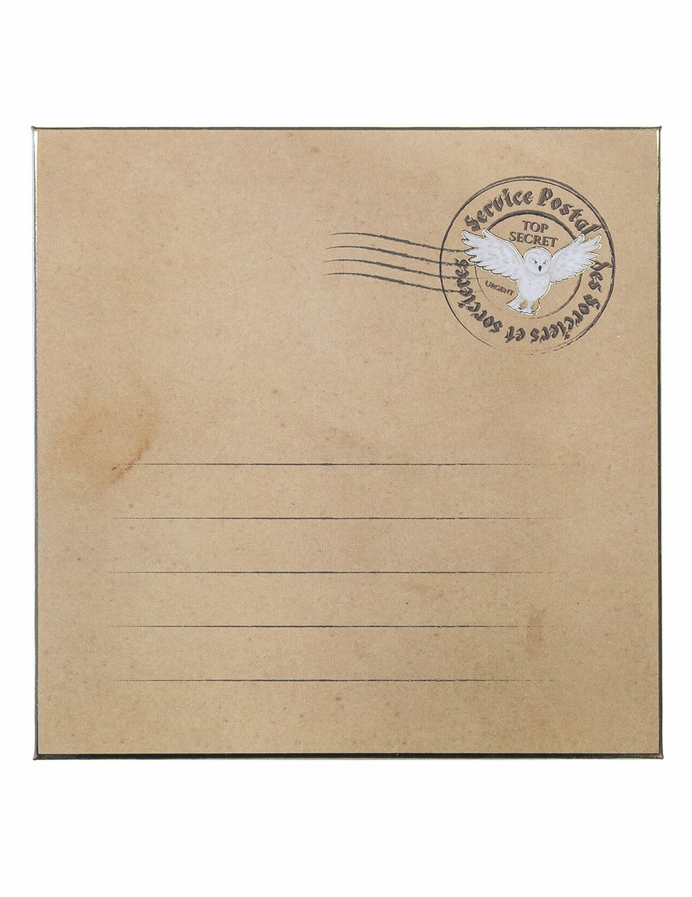 Detalhe do selo postal com coruja dos convites com envelopes aprendiz de feiticeiro
