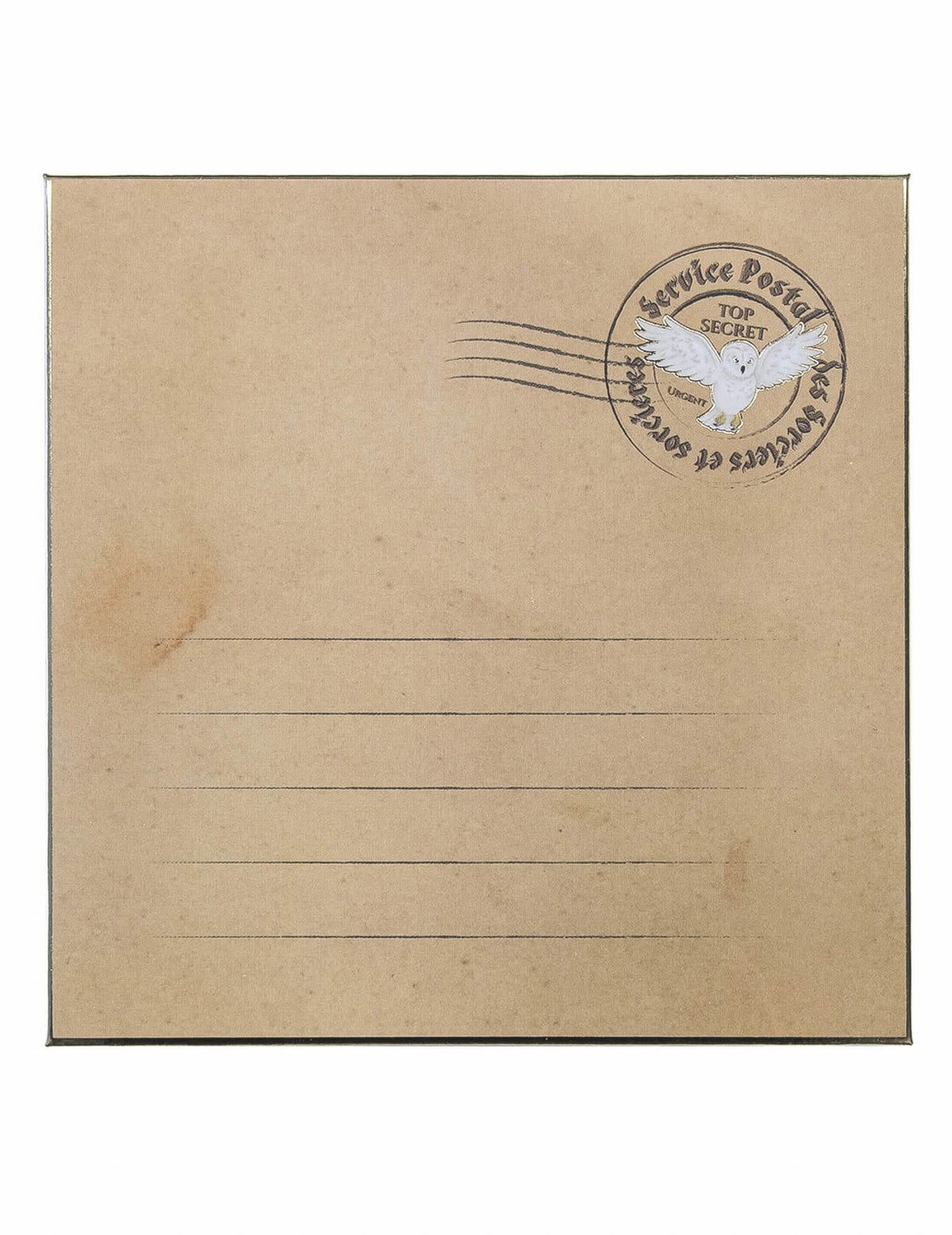 Detalhe do selo postal com coruja dos convites com envelopes aprendiz de feiticeiro