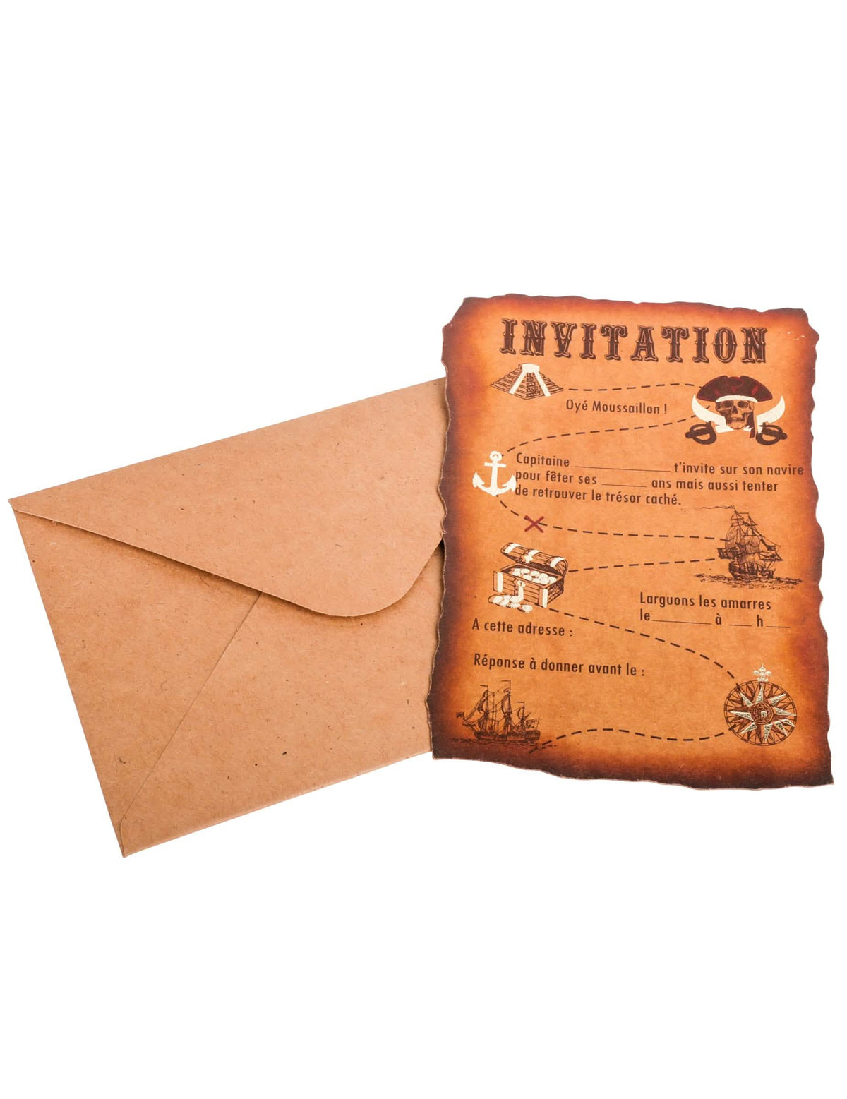 Convites com envelopes cartão de tesouro pirata para aniversário kraft castanho