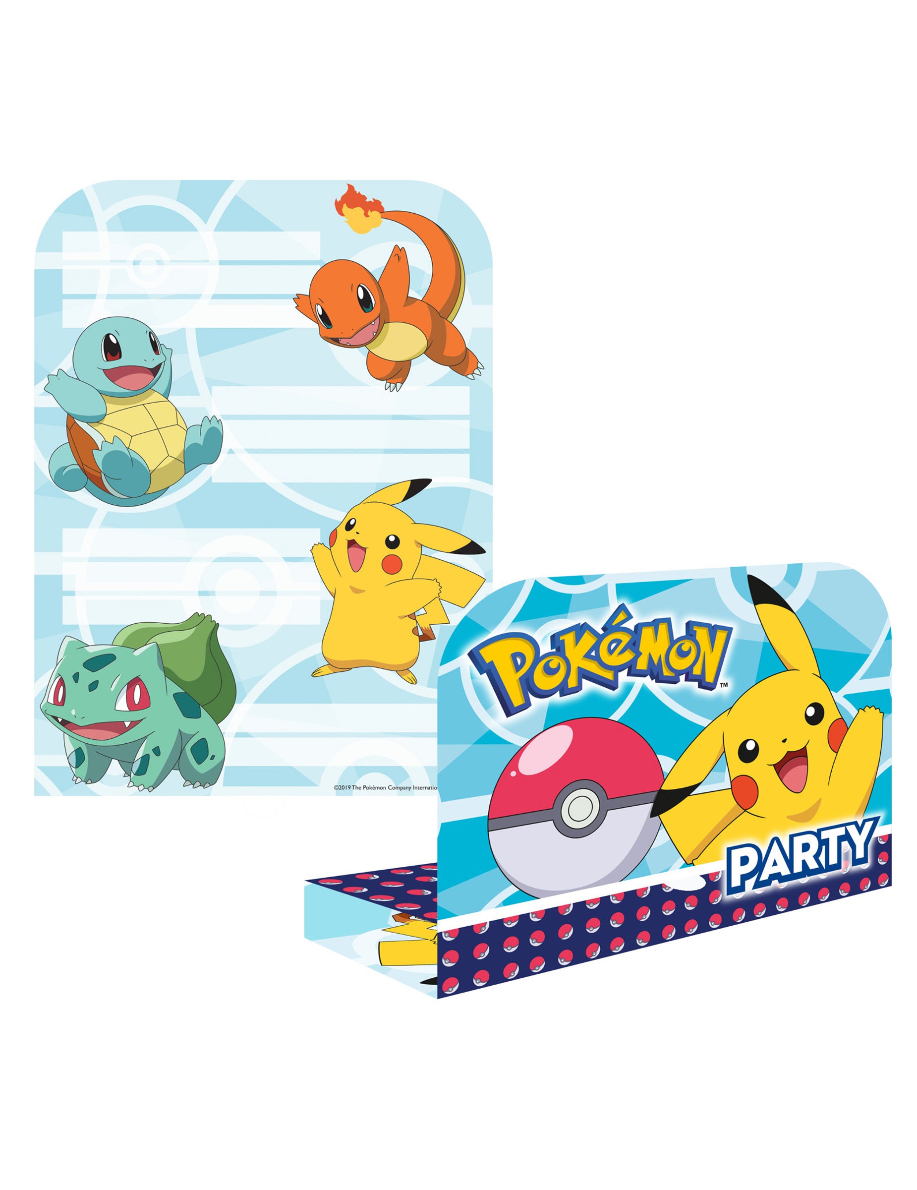 Invitations et enveloppes Pokémon pour enfant bleues avec Pikachu Salamèche Carapuce et Bulbizarre