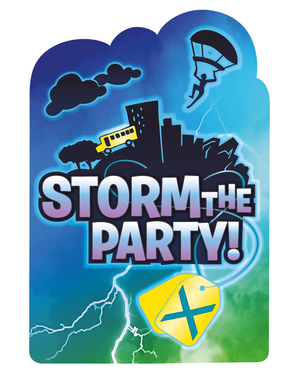 Invitations et enveloppes avec stickers battle royale bleues et vertes avec bus jaune