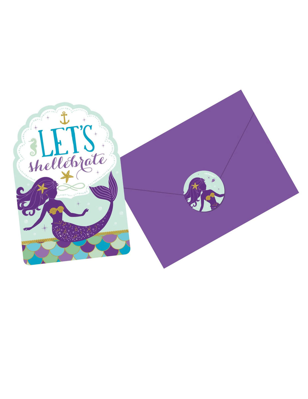 Convites, envelopes e autocolantes sonhos de sereia para aniversário roxo e azul