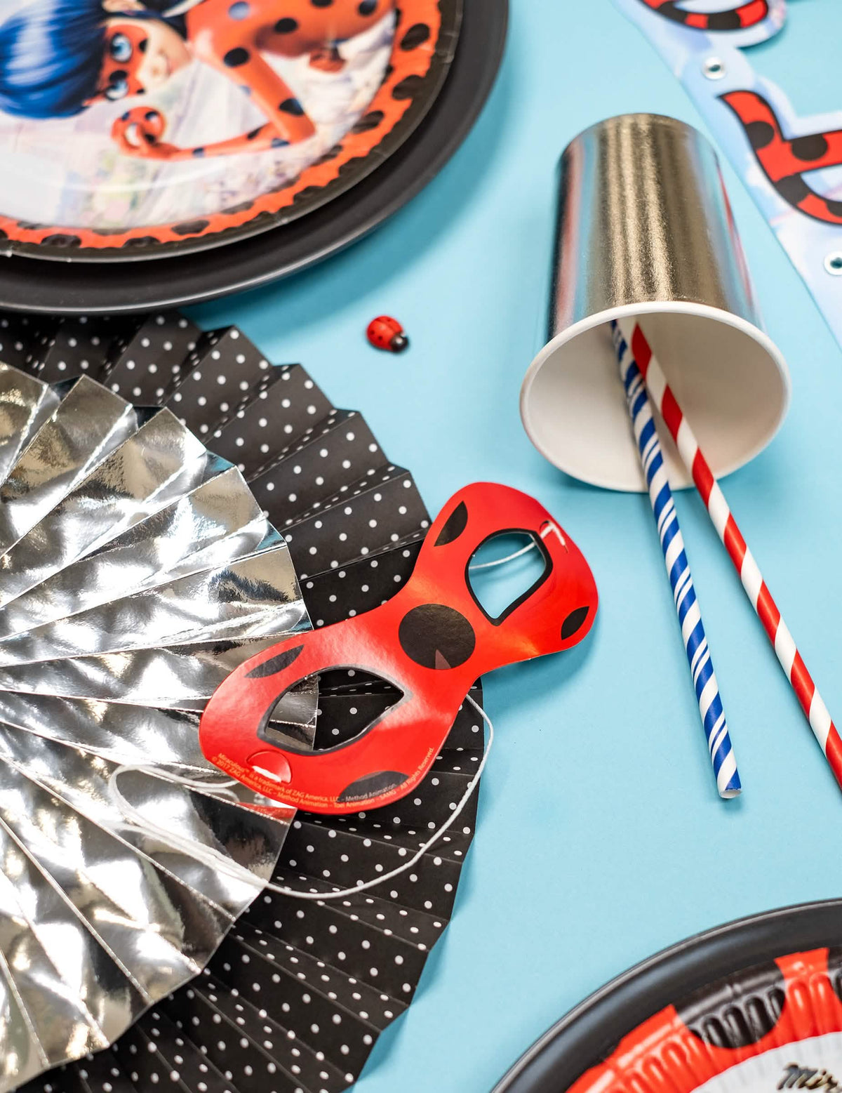 Mise en situação com acessórios de festa dos 8 máscaras em cartão Ladybug