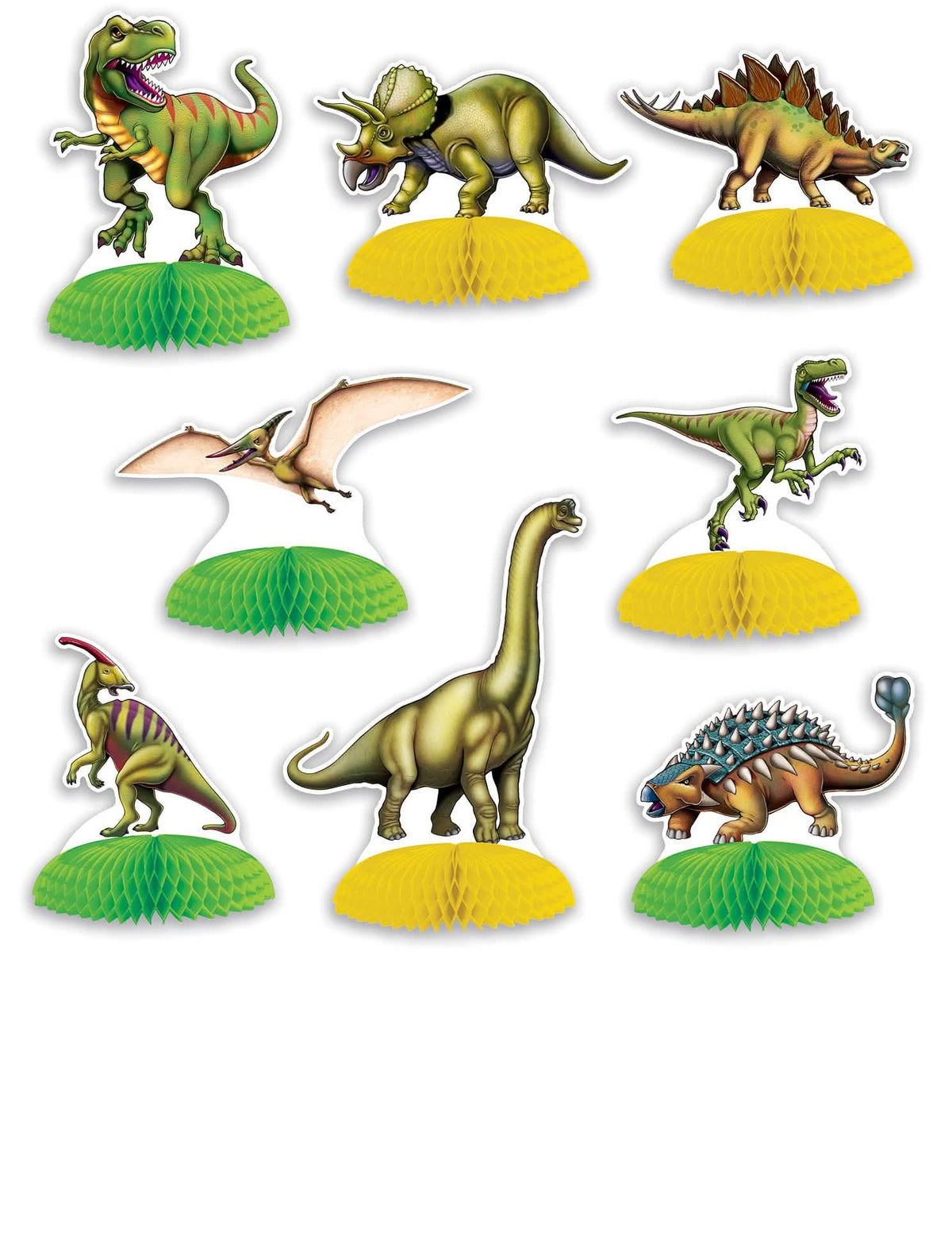 8 mini centros de mesa Dinossauros para criança verdes e amarelos