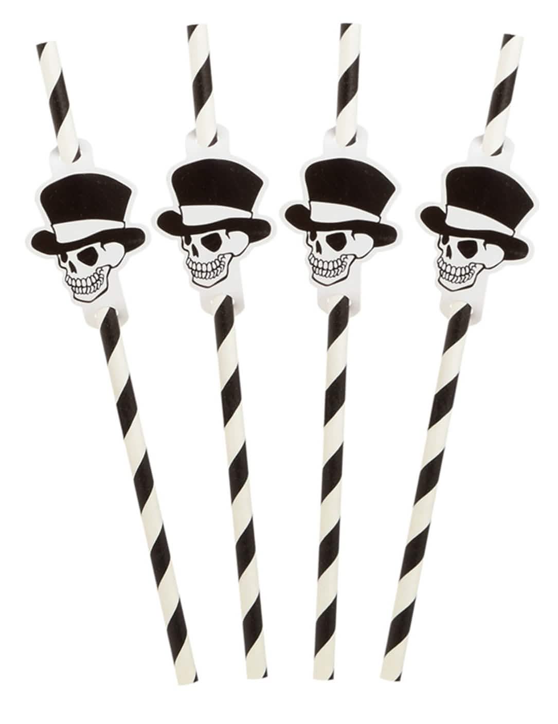 palhinhas às riscas esqueleto halloween black and white com cabeças de morto com chapéu alto de forma