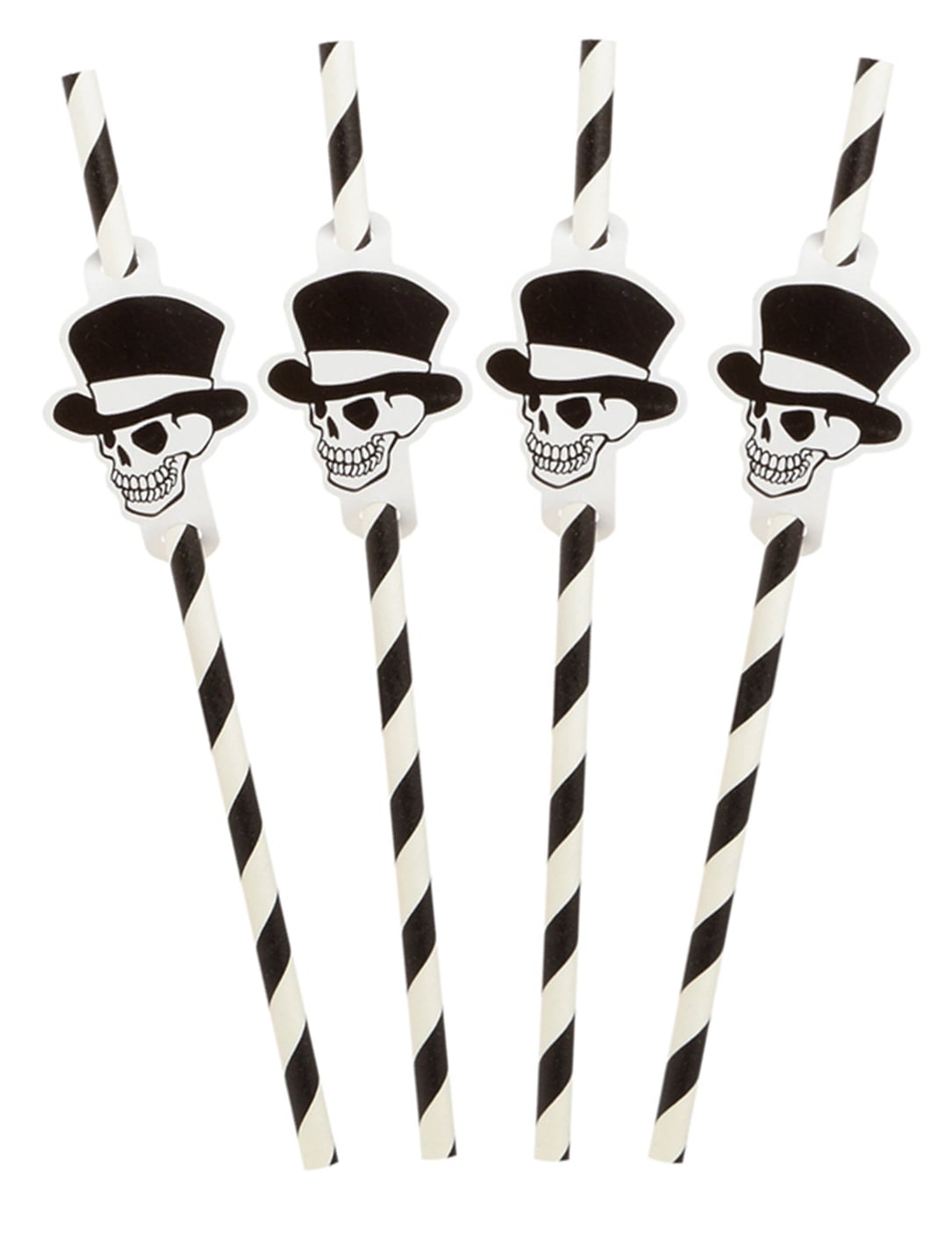 Pailles rayées squelette Halloween noir et blanc avec têtes de mort à chapeau haut-de-forme