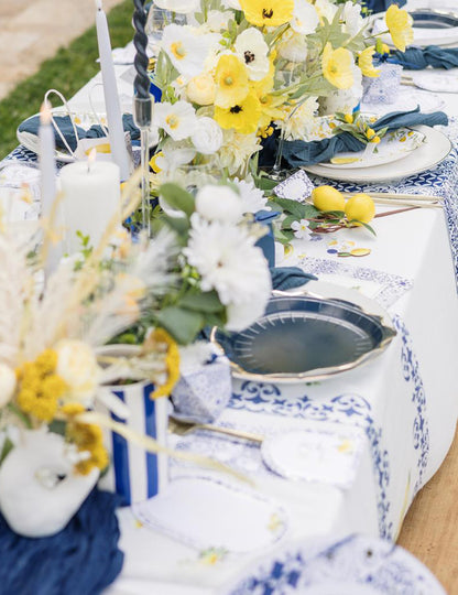 8 Pequenos Pratos de Cartão Azul Royal, Branco e Dourado 18cm Motivo Mediterrâneo