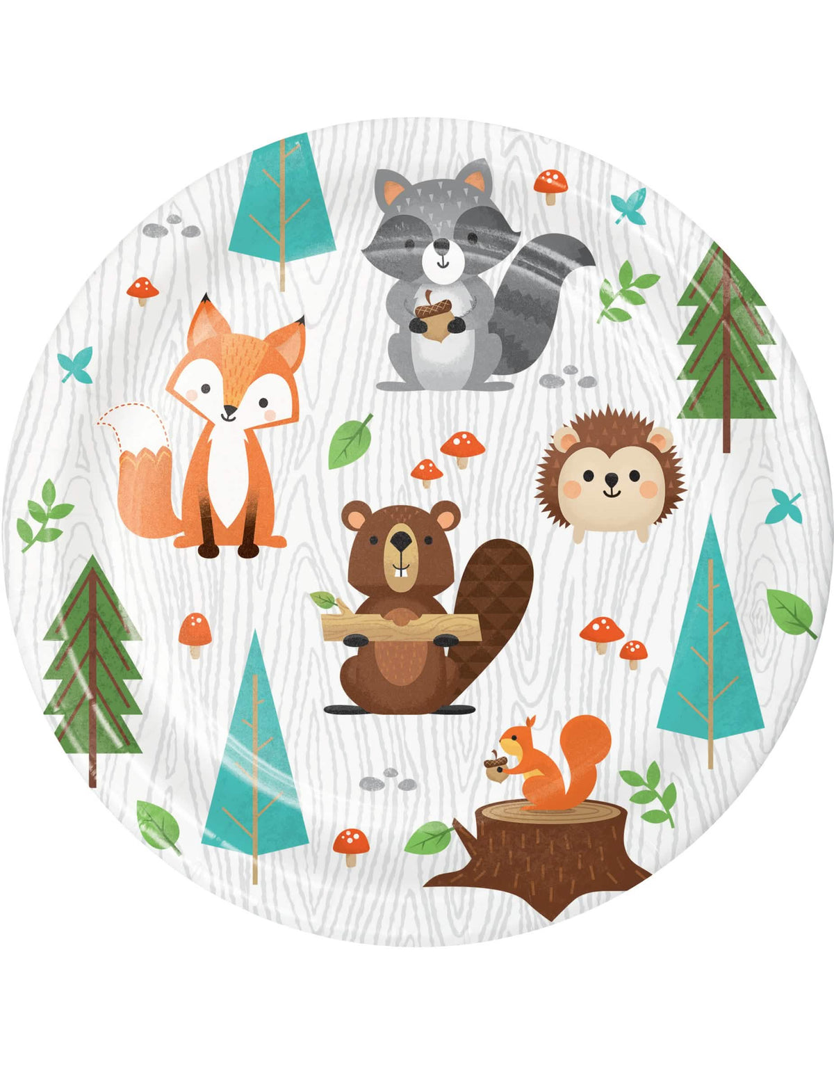 Pequenos pratos de cartão com animal da floresta para aniversário multicoloridos com raposa e guaxinim