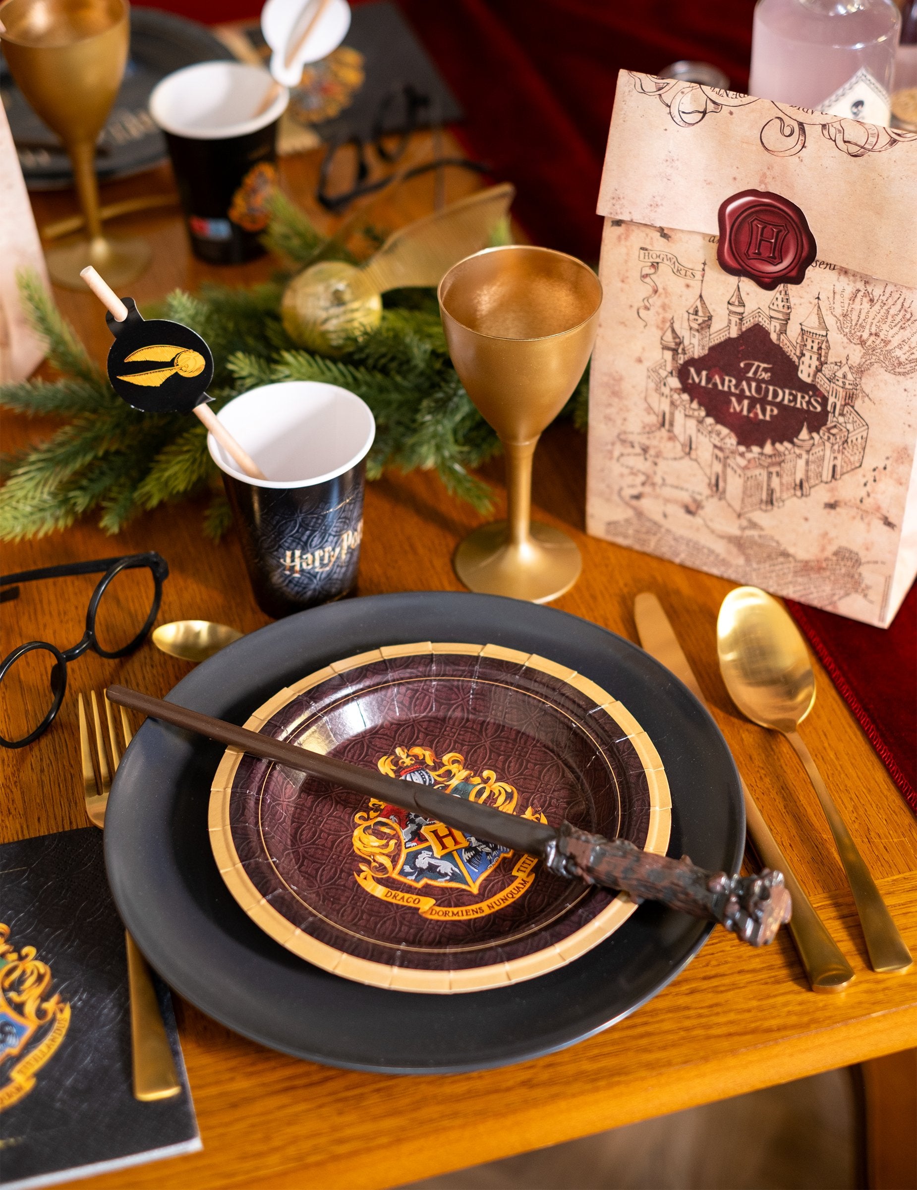 Mise en situation sur une table d'anniversaire de l'assiette en carton Harry Potter