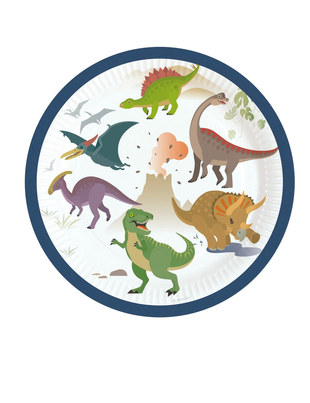 pratos de cartão grandes dinossauros para aniversário com motivos de dinossauros coloridos e vulcão