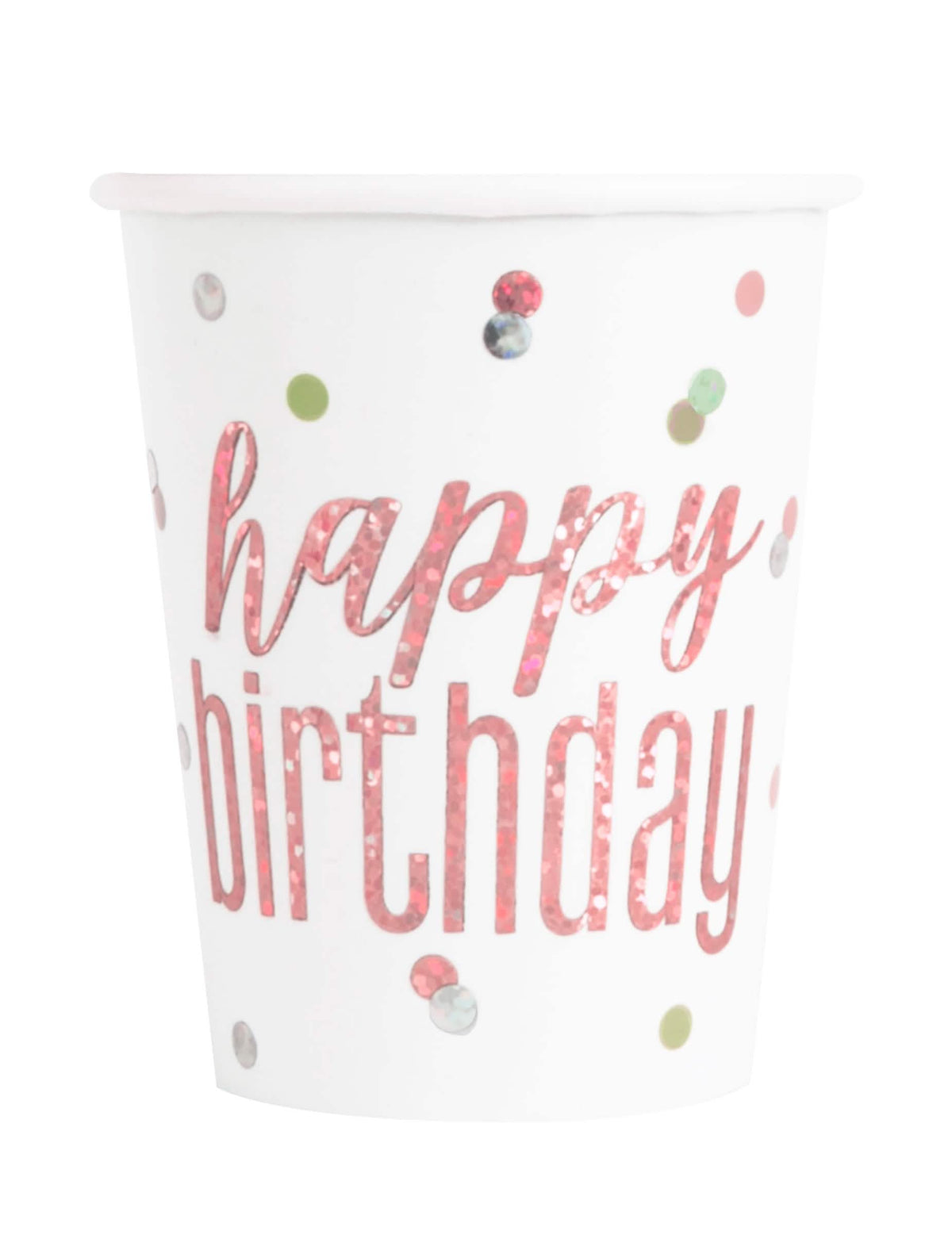 Copos de cartão Happy Birthday para aniversário brancos e rosas com bolinhas e brilhantes