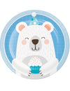 Assiettes en carton petit ours blanc pour goûter anniversaire bleu avec motif ours et cupcake