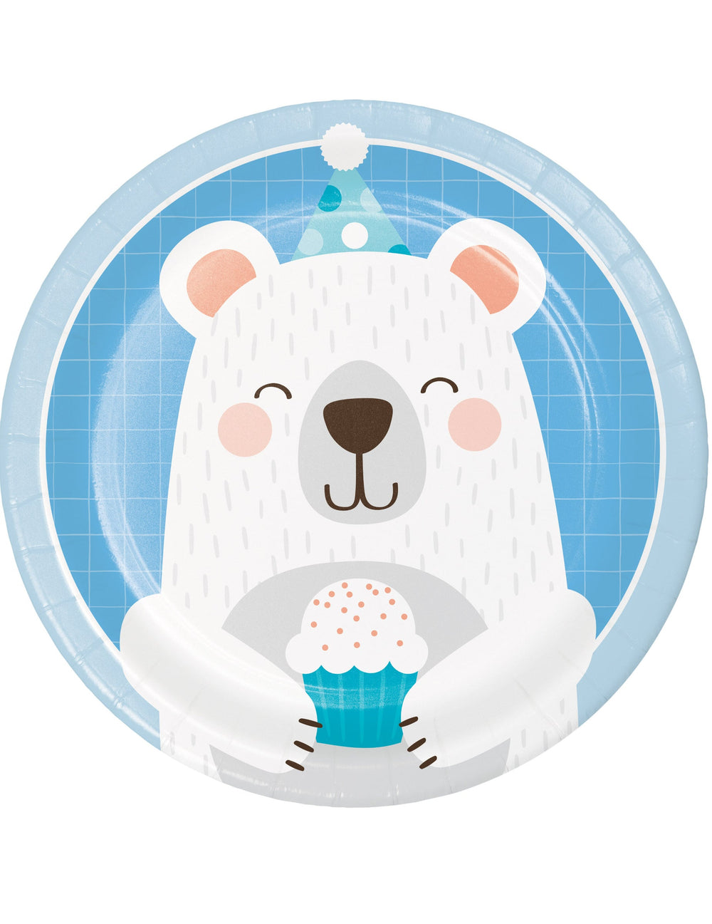 Assiettes en carton petit ours blanc pour goûter anniversaire bleu avec motif ours et cupcake