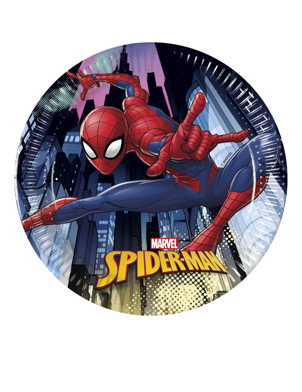 Assiettes en carton Spiderman pour anniversaire bleu et rouge avec décor de ville