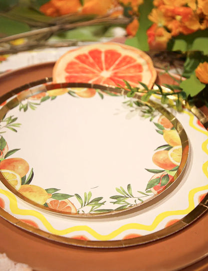 8 pequenos pratos fizz citrinos de cartão creme, laranja, amarelo e ouro 18cm decoração frutada