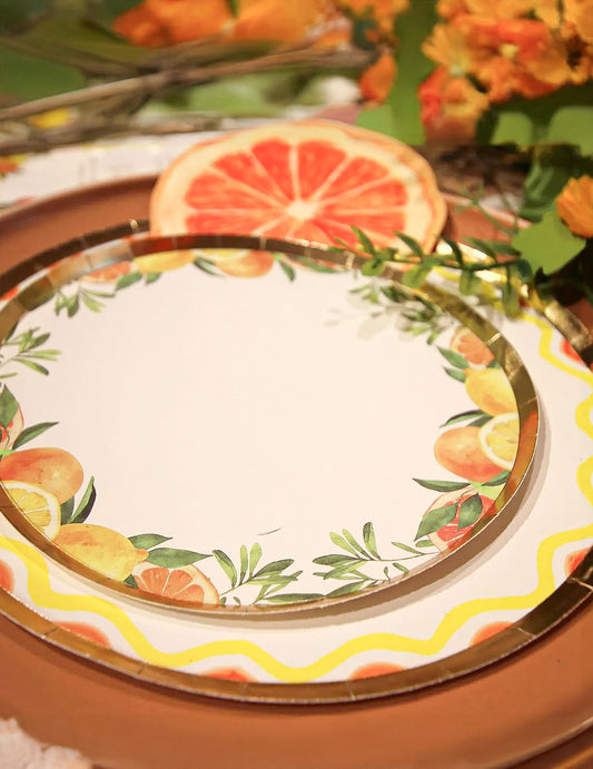 8 pequenos pratos fizz citrinos de cartão creme, laranja, amarelo e ouro 18cm decoração frutada