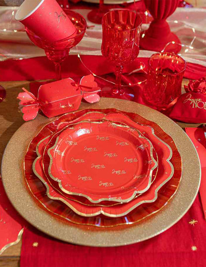 8 pequenos pratos Feliz Natal intemporal vermelho e dourado 18 cm