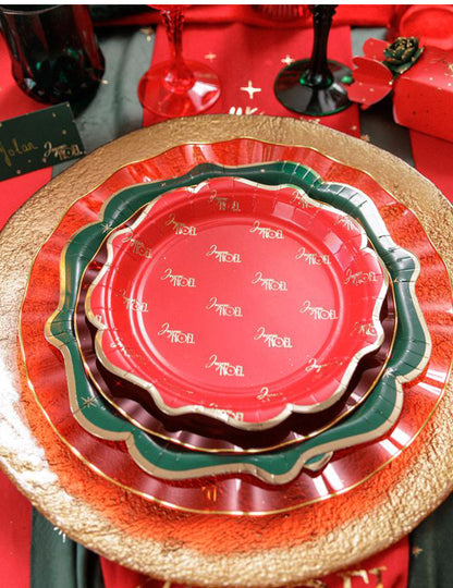 8 pequenos pratos Feliz Natal intemporal vermelho e dourado 18 cm