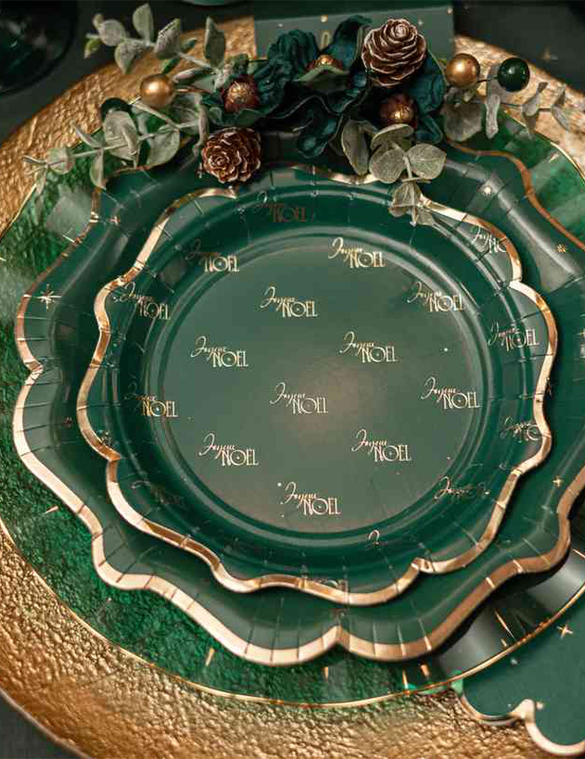 8 pequenos pratos Feliz Natal intemporal verde escuro e dourado 18 cm